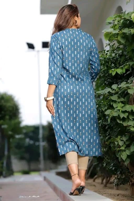 Image of Women's Printed Straight Kurti, 3 /4 Sleeves, Button-Down Front, Side Slits with Pockets