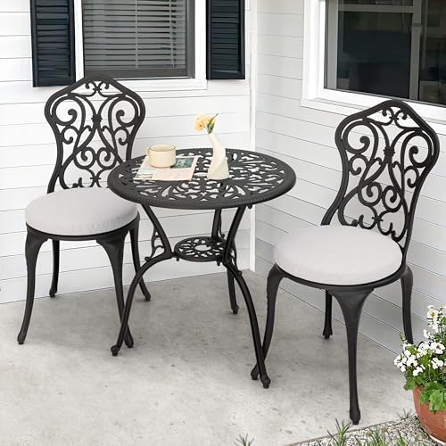 Image of NUU GARDEN 3 Pieces Patio Bistro Set, Outdoor Bistro Set with 2 Chairs, Round Table with Umbrella Hole, Outdoor Bistro Set with Grey Cushions and Umbrella Hole, Black
