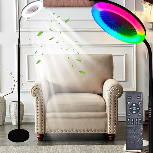 Image of Floor Fan with RGB Lights and Remote, 3 Speeds Standing Floor Lamps with Button, Vertical LED Fan, 3000K-6500K Stepless Dimming for Office Kid Room Bedroom, Adjustable Height