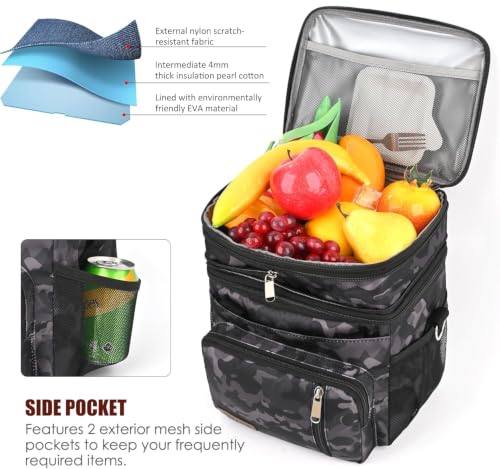 Image of MIYCOO Lunch Bag & Lunch Box for Men Women, Double Deck Leakproof Insulated Soft Large Adult Camping Cooler bag for Work, Beach, Picnic, Travel (Black Camo, 15L)