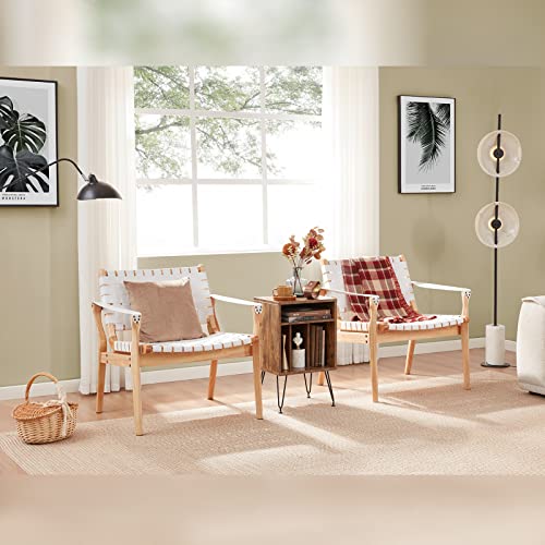 Scandinavian Cognac Woven Leather Chair, Boho All Wood Oak Living Room Chairs Side Modern Accent Chairs For Bedroom Balcony Sunroom Chase Lounger White Faux Leather Accent Leather Accent Chair Natural #TOP3