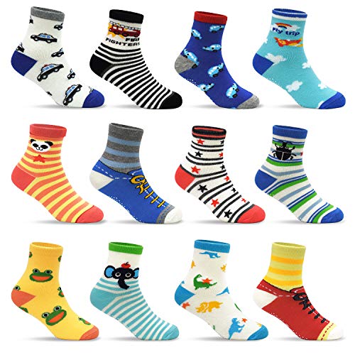 Image of Tphon 12 Pairs Toddler Non Skid Socks with Grips Anti Slip Bottom, Cotton Non Slip Ankle Crew Socks for Boys, Girls, Kids(1-7Years)
