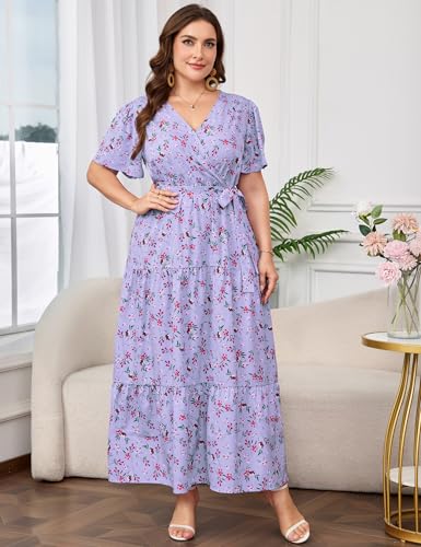 Image of ShopWonder Womens Plus Size V Neck Wrap Maxi Dress High Waist Ruffle Summer Casual Dress with Belt