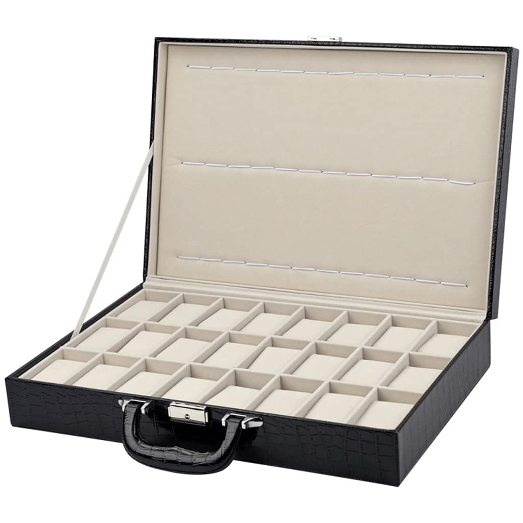 DFHEsdfD Watch boxes, DFGHJK 24 Grid Black Leather Suitcase Case Display Storage Box Watch Clock