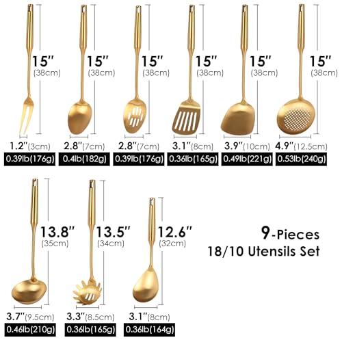 Gold Kitchen Utensils Set - 18/10 Stainless Steel Cooking Tool, All Metal Serving Utensil - Whisk, Masher, Fork, Tongs, Solid/Slotted Spoon, Spatula, Turner, Ladle, Skimmer, Pasta, Small & Large Spoon - Image 3