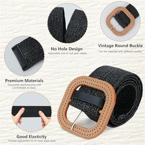 Fashion Vintage Boho Straw Woven Belt, Braided Belt Women's Round Square Buckle Dress Long Gown Decorative Belt.3