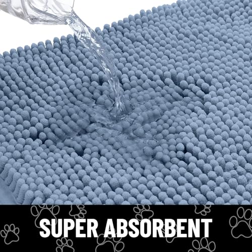 Image of Smiry Dog Door Mat for Muddy Paws, Absorbent Dirt Trapper Non Slip Quick Dry Washable Chenille Mat for Mud Dogs, Entry Rug for Indoor and Outdoor (47x32 Inches, Airy Blue and White)