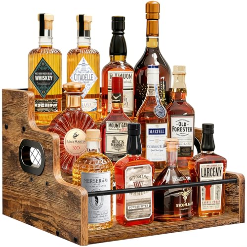 Image of Homode Liquor Bottle Display Shelf, 3 Step Coffee Syrup Rack Organizer, Countertop Liquor Wine Rack, Mini bar, Liquor Cabinet, Home Retro Bar Shelf Stand for Whiskey Alcohol Drink