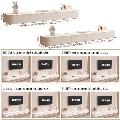 Floating TV Stand Wall Mounted TV Cabinet Floating Shelves with Door Entertainment Media Console Solid Wood Modern Living Room Round Corner TV Stand (White, 160CM) - Image 4