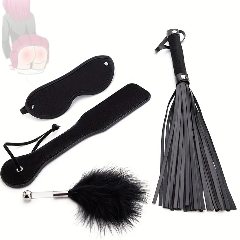 Set da 4 pezzi di paddle da allenamento in pelle nera, paddle con piume, oggetti di scena per personaggi di giochi per feste