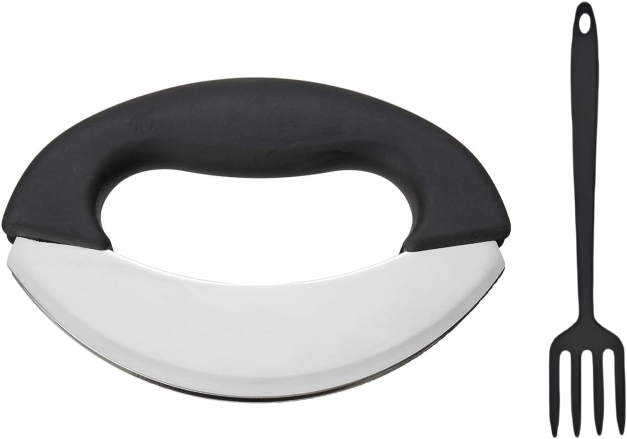 Mezzaluna Salad Chopper Knife with Stirring Mixing Fork for Salad Bowls – Double Blade Herb Cutter for Quick Chopping and Mincing Small Vegetables and Onions for Salad Preparation Mezzaluna Salad Chopper Knife with Stirring Mixing Fork for Salad Bowls – Double Blade Herb Cutter for Quick Chopping and Mincing Small Vegetables and Onions for Salad Preparation