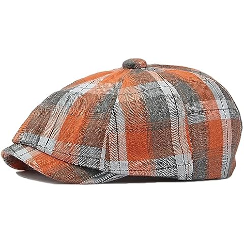 Mens Plaid Newsboy Cap Scally Cap Newsies Ivy Cabbie Golf Hat (Orange) Cover