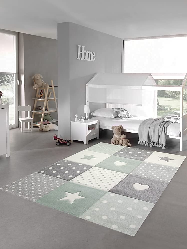 Teppich-Traum Kinderzimmer Teppich Spiel & Baby Teppich Herz Stern Punkte Design Grün Grau Creme Größe 80x150 cm
