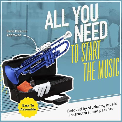 Image of Mendini By Cecilio Bb Standard Trumpet Set for Beginners - Brass Trumpet Instrument with Hard Case, 7C Mouthpiece, Valve Oil, Cleaning Cloth, Gloves (Blue)