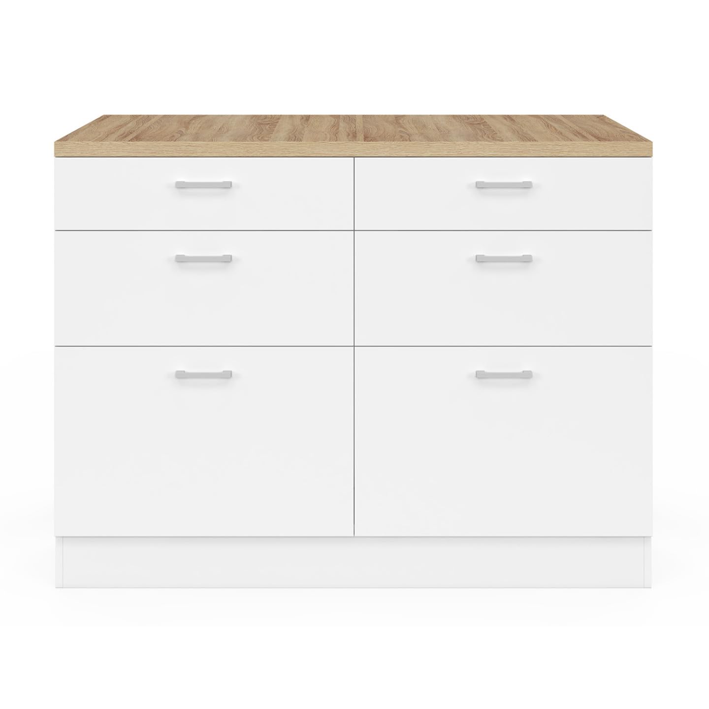IDMarket - Ilot Central Mange-Debout Orso 120 cm casserolier 6 tiroirs Blanc avec Plan de Travail façon hêtre