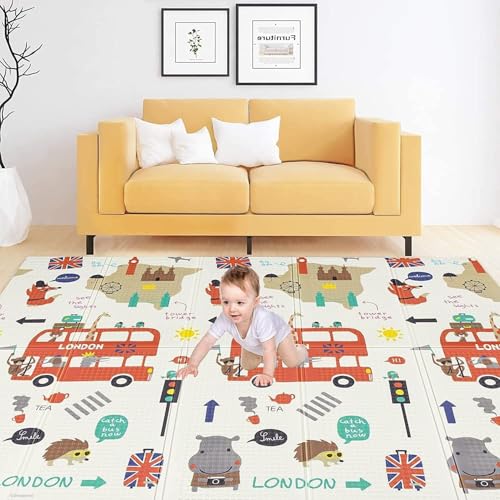 Image of WENGTY Double Sided Water Proof Alphabet Mat Reversible Design Foldable Play Mattress for Baby, Foam Mats for Kids Large Size (Bus-2)