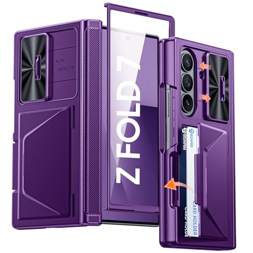 Image of for Samsung Galaxy Z Fold 7 Case with Card Holder RFID Blocking, Built in Slide Lens Cover & Hinge Protection & Screen Protector, Shockproof Wallet Case for Z Fold 7 (Purple)