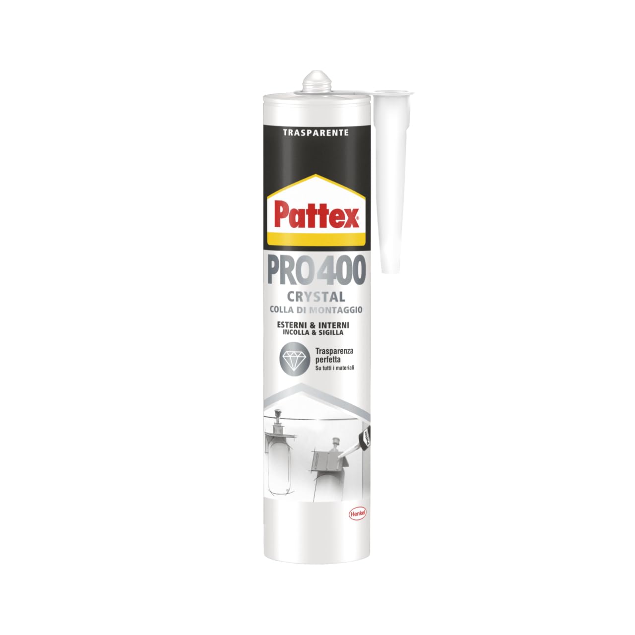 Pattex PRO 400 Crystal Adesivo Sigillante Ottimale per Vetri e Specchi, Adesivo di Montaggio di Qualità, Colla Potente per Molti Materiali, 1 Cartuccia da 290 g