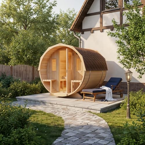 FinnTherm Fass-Sauna Sam, Aussensauna Fichte unbehandelt, Natur, ohne Ofen...