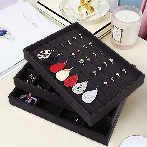 Mebbay Stackable Velvet Jewelry Trays Organizer, Jewelry Storage Display Trays All Velvet for Drawer, Earring Necklace Bracelet Ring Organizer, Set of 3 (Black) - Thumbnail 3