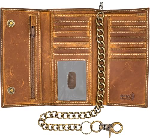 Long Trifold Leather Wallet for Men, Checkbook Cover, RFID Blocking chain wallet Card Slots, Zipper Coin Pocket - Biker Stainless Chain Design in the U.S.A (J212C, Vintage Brown)
