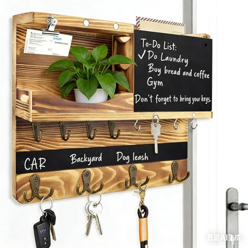 Tabla de llaves con estante, tabla de llaves de madera con gancho de acero inoxidable y cajón de almacenamiento y tabla de mensajes, bandeja para llaves de pared, pizarra de haya, caja de llaves