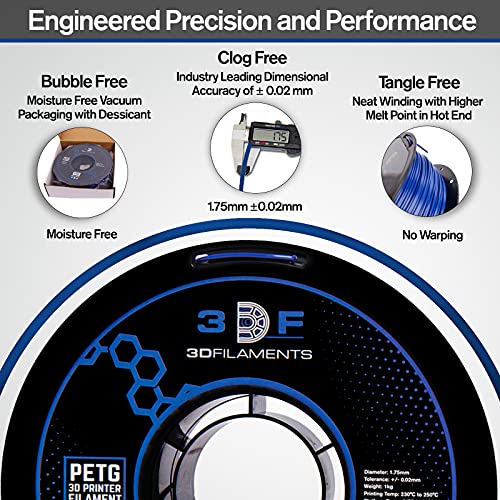 3DF Printing Filament – Blue PETG 3D Filament for FDM 3D Printers | PETG Filament 1.75mm | Dimensional Accuracy +/- 0.02mm | 1kg (2.2lbs) Spool | Pack of 1
