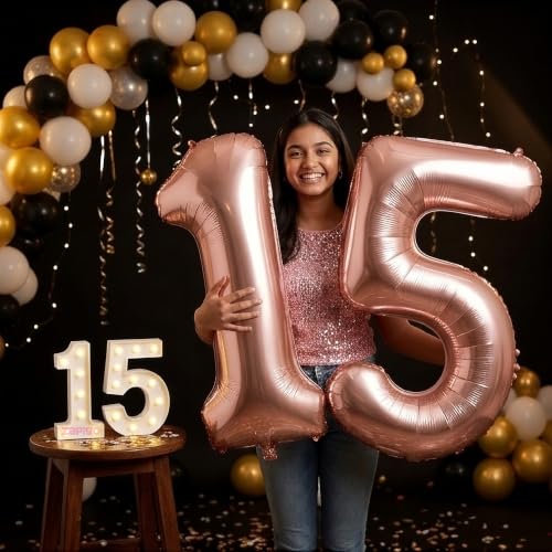 Image of Balloonistics Rose Gold 40-Inch Foil Number 15 Balloon with Matching LED Marquee Light - Combo Set for 15th Birthday, Anniversary, Party Decorations, Photo Booth Backdrop