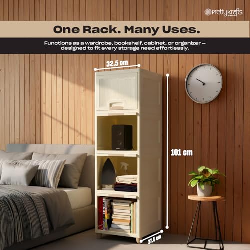 Image of PrettyKrafts 4-Unit Collapsible Wardrobe with Magnetic Lock | Foldable Modular Storage Box /Almirah for Kids Clothes, Toys & Books | Space-Saving Wardrobe Cabinet /Cupboard for Bedroom (Ivory)
