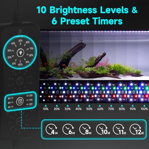 Image of fishkeeper LED Aquarium Light, 24 /7 Mode Aquarium Light for Plant Growth, IP68 Waterproof Adjustable Timer(4H /6H /8H /10H /11H /12H) /10 Brightness & 10 Colors Extendable Bracket for 12-18 Inch Fish Tank