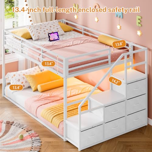 Image of Bunk Bed Twin Over Twin with Storage Stairs, Metal Bunk Beds for Kids