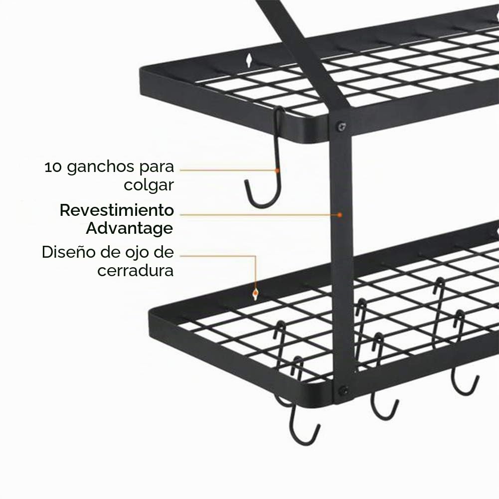 Warmiehomy Estante de metal para ollas, estante de cocina montado en la pared con ganchos, soporte para utensilios colgantes, organizador de estantes negros para cocina, baño, balcón (74,9 x 34,8 x