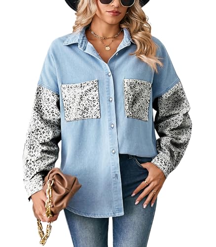 ebossy Women's Spliced Leopard Print Denim Shirt Button Down Casual Jean Jacket Top