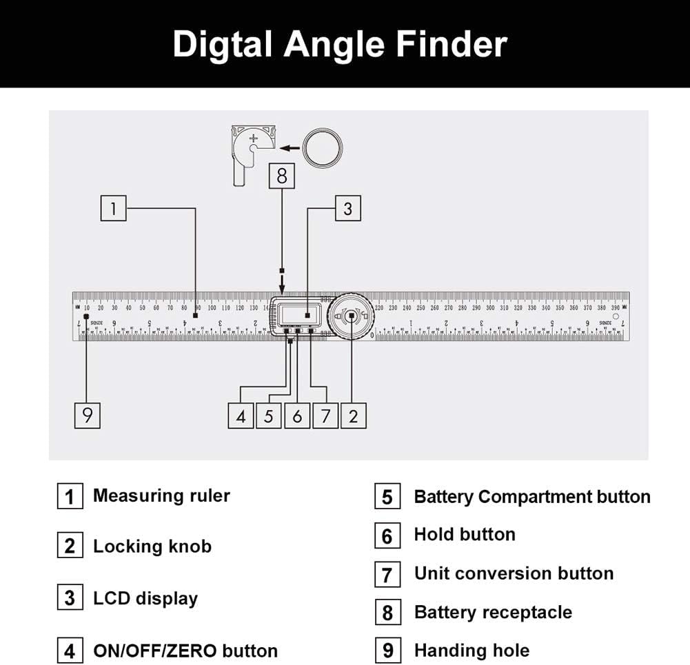 Protractor Digital Angle Finder Protractor, Digital Protractor 7 pollici/200 mm acciaio inox con display LCD per falegnami/lavorazione del legno (batteria inclusa)