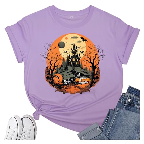 Women's Halloween Shirt: Crewneck Art Patterns Short Sleeve Halloween Party T-Shirt