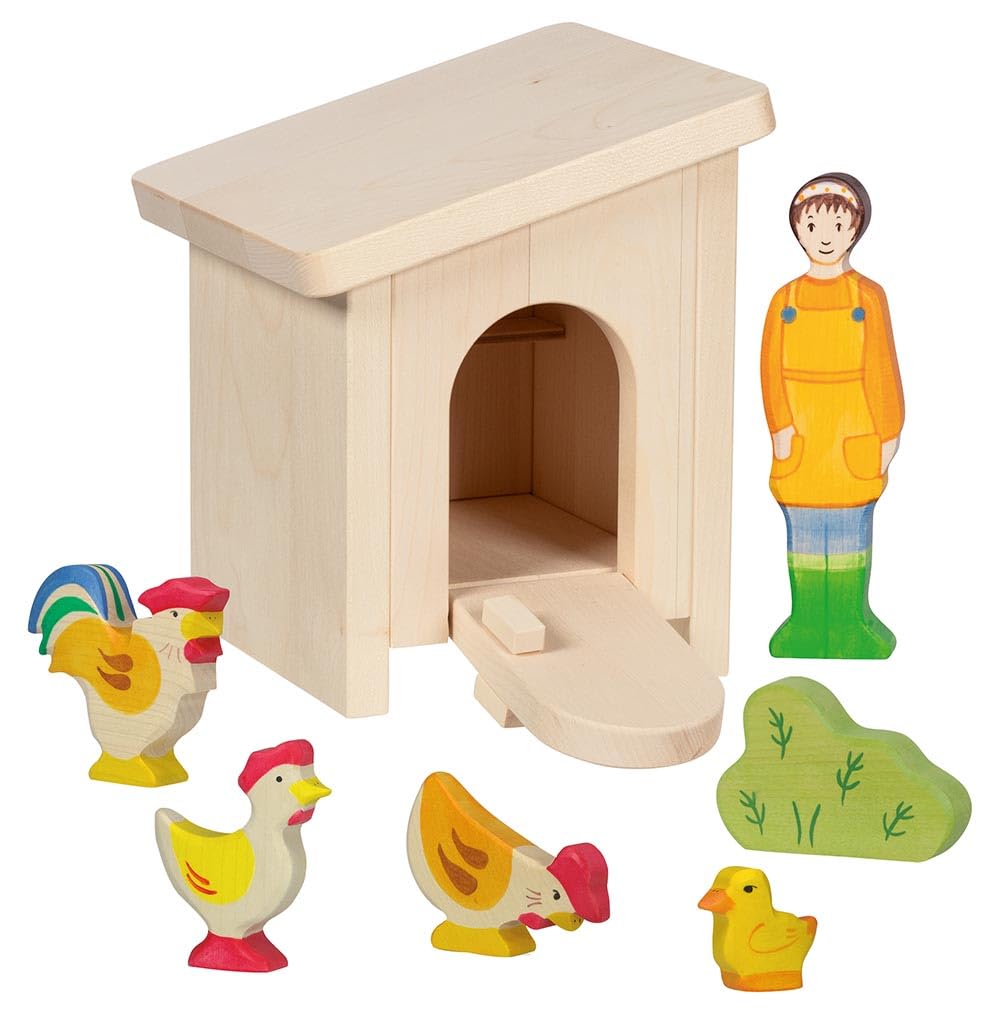 Holztiger 6557 – Kleiner Stall mit Hühnern aus Holz – liebevoll gestaltetes Spielset mit Bäuerin, Tieren, Stall und Busch