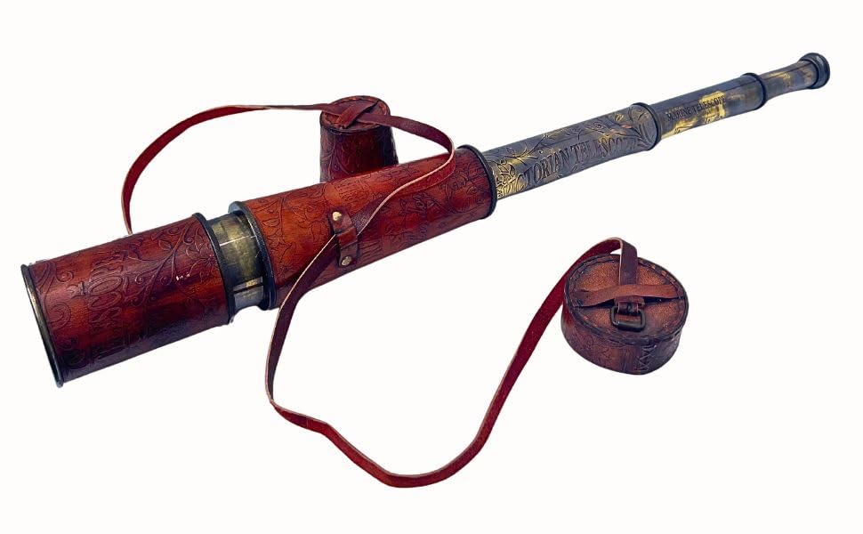 Medieval Replicas Handmade Brass Telescope Victorian London 1915 Tracker Spyglass Scope Replica Antique 32 inch Large Functional Vintage Souvenir with Hand-Stitched Leather Cap Belt