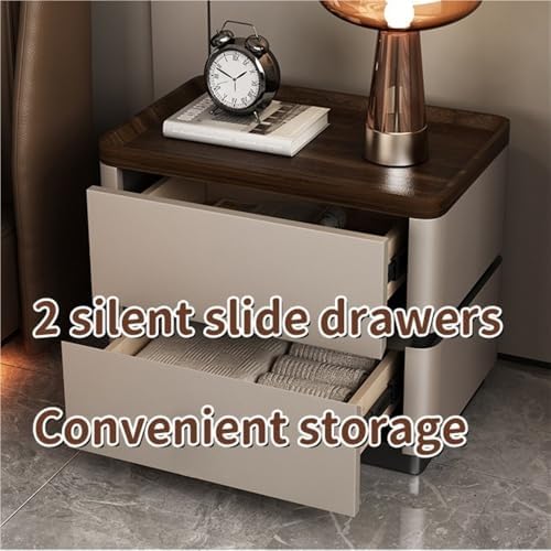 Gray Wooden & Leather Nightstand, 2-Drawer Bedside Table with Hidden Handles for Bedroom & Living Room, 19.7" x 15.7" x 19.7" Stylish Storage Solution