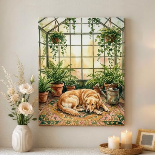 Cuadro de Golden Retriever con arte botánico en lienzo para una decoración vintage elegante