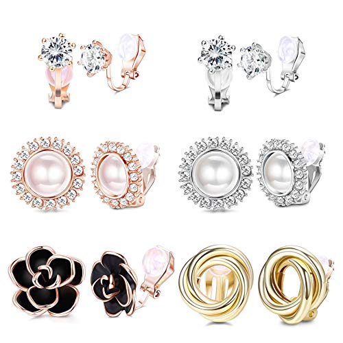 SAILIMUE 6 Pairs Clip Earrings Sets for Women Fashion Flower Pearl Cubic Zirconia Love Knot Hypoallergenic Non Pierced Clip On Earrings