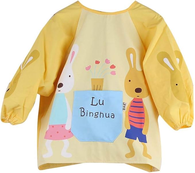 Amazon Co Jp Plus Nao プラスナオ スモック 長袖 子供用 幼稚園児 保育園児 お食事エプロン お絵描き 工作 袖口ゴム入り 防水 ウサギ 紐 お腹ポケット 105 イエロー ベビー マタニティ