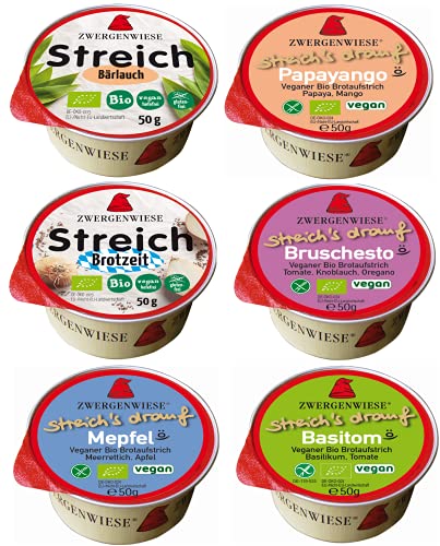 Zwergenwiese Bio Probiermix mit 6 glutenfreien & veganen Brotaufstrichen in den Sorten Papayango, Brotzeit, Bärlauch, Mepfel, Basitom & Bruschesto - Perfekt auf Brot, als Dip oder zum Verschenken