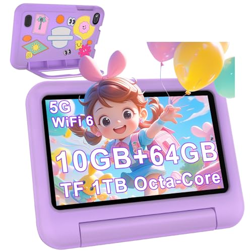 2025 Tablet Niños 7 Pulgadas Android 14, 10GB RAM + 64GB ROM (TF 1TB), WiFi 6, Bluetooth 5.0, 8-Core, 3500mAh, Control Parental, Doble Cámara, Certificado GMS, Tablets Niños con Funda EVA - Morado