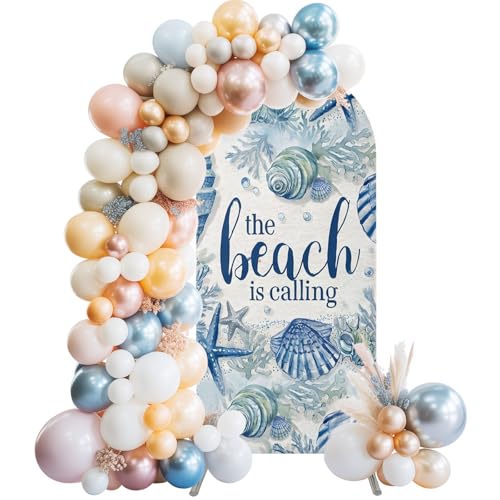 Blue Beach Coastal Arch Backdrop Cover 6Ft, Summer Starfish Wedding Arch Covers Stretchy Backdrop, Ocean Shell Nautical Sea Fitted 2 Sided Arched Photo Background for Birthday Party Decorations