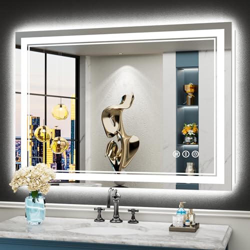 Image of 44x32 LED Bathroom Mirror with Lights, Backlit and Front Lit Anti-Fog Lighted Vanity Mirrors for Bathroom Wall, Dimmable, 3-Color Light, Memory, Shatter-Proof, HD Tempered Glass, CRI>90