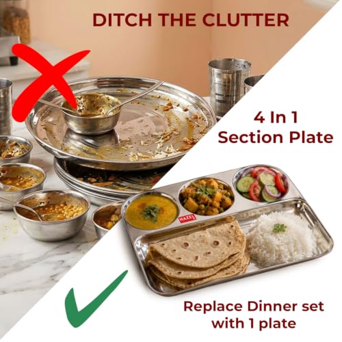 Image of HAZEL 4 Compartment Stainless Steel Lunch Plate Set of 2 | All in 1 Big Section Plate