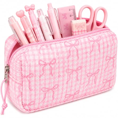 Image of LEDAOU Cute Pencil Case for Kids Girls Boys Pencil Pouch kawaii Pen Pencil Box Bag Holder for School Students (Corduroy Pink Bow Checkered)