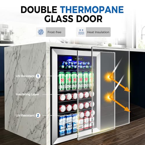 Image of 20 Inch Beverage Refrigerator Cooler, 145 Cans Mini Fridge with Glass Door&Lock, Small Drink Cooler Freestanding /Counter-Top for Soda, Beer with LED Light for Home Bar Office - 3.4 Cu.Ft, Silver