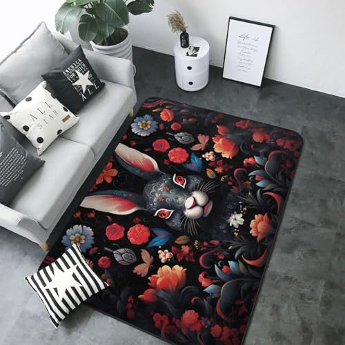 Tapis de sol salon imprimé lapin noir au design graphique soigné