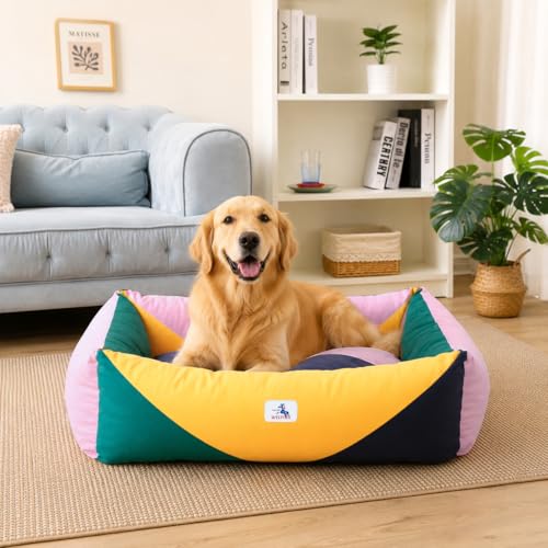 Image of Cotton Canvas Dog Bed, Dog Beds Large Sized Dog, Orthopedic Bed with Washable Removable Cover Durable 290 GSM Cotton Anti-chewing Pet Bed with Anti-Slip Bottom (38 inchx30 inchx12 inch, Pink&Yellow&Green)